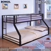 Bunk bed with black metal frame and beige mattresses in a room setting, featuring Bongo Furniture branding.